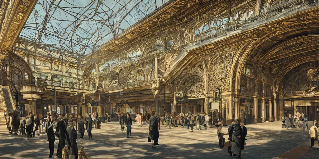 Prompt: cinematic movie scene, 200mm wide shot, precise architectural rendering, interior of victorian era railway station with ornate art nouveau architecture, bustling with people and, victorian architecture, emerald, crystalline, detailed illustration, sharp focus, concept art, unreal engine, octane render, god rays