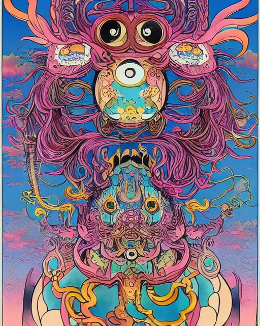 Image similar to bicameral humanoid mythical beast, fantastical, cute, and beautiful hybrid of different animals, a humorous psychedelic creature concept design by Moebius, Studio Ghibli, Toru Narita, in the style of Takashi Murakami, symmetrical 4K