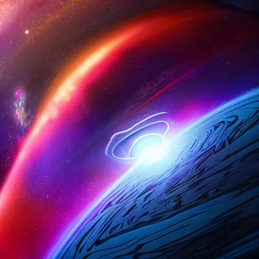 Image similar to glowing glorious 3D black hole in movie, intergalactic, space theme, galaxy colored, hyperdetailed, digital painting, trending on Artstation, cel-shading style, CG society, hyperdetailed, digital painting, hypermaximalist, golden ratio, volumetric, octane render, weta digital, micro details, 3d sculpture