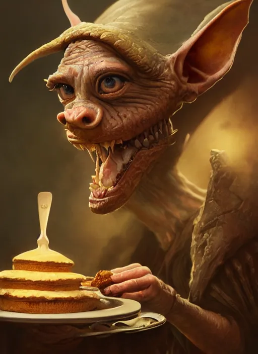 Image similar to highly detailed closeup portrait of a medieval goblin eating cakes, stephen bliss, unreal engine, greg rutkowski, ilya kuvshinov, ross draws, hyung tae and frank frazetta, tom bagshaw, tom whalen, nicoletta ceccoli, mark ryden, earl norem, global illumination, god rays, detailed and intricate environment