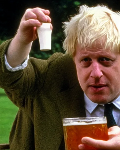 Image similar to film still close - up shot of boris johnson drinking a beer in garden from the movie monty python's the meaning of life. photographic, photography