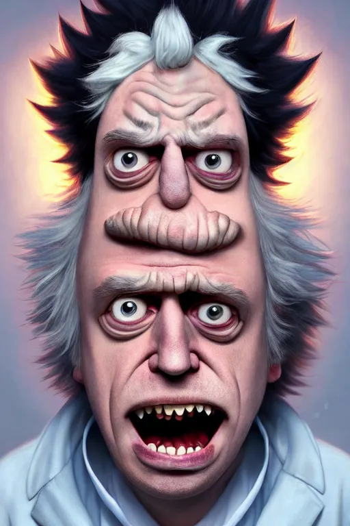 Image similar to Boris Johnson as crazy genius Rick Sanchez from Rick and Morty, unibrow, white robe, big eyes, realistic portrait, symmetrical, highly detailed, digital painting, artstation, concept art, smooth, sharp focus, illustration, cinematic lighting, art by artgerm and greg rutkowski and alphonse mucha