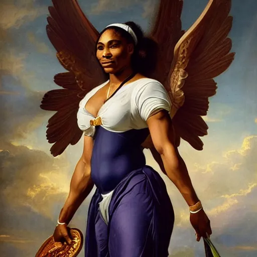 Image similar to full body portrait of serena williams as nike goddess with perfect hands, large wings, luxuriant, dreamy, eternity, romantic, strong pose, highly detailed, in the style of franz xaver winterhalter, highly detailed, in the style of aetherpunk