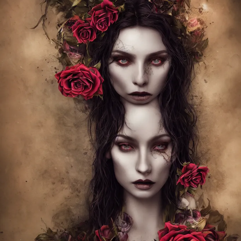 Image similar to single faced portrait of enchanting femenine witch, hyper attractive, seductive, very complex, hyper - maximalist, overdetailed, legendary cinematic, darkfantasy, archetype with timeless beauty breathtaking eyes, highly intricate, realism, roses, perspicious detail, silent hill aesthetic, photorealistic, lifelike, dslr 8 k, unbeatable coherency, octane render