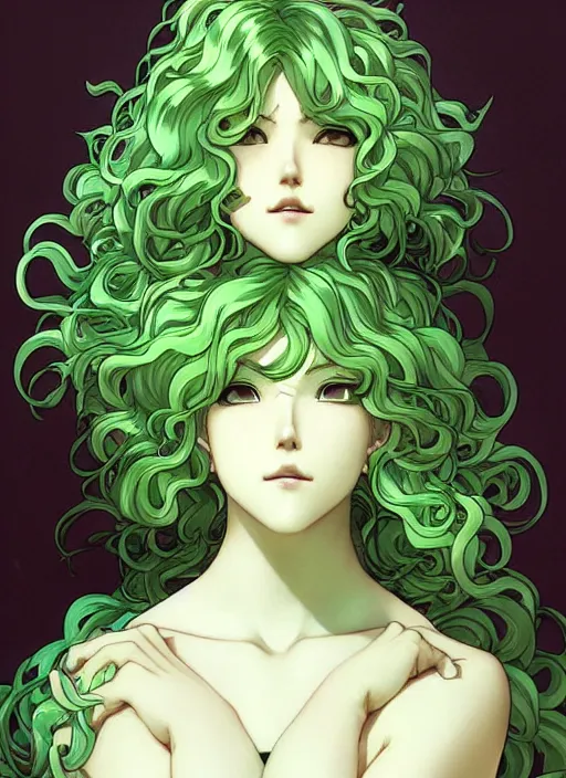 Image similar to detailed portrait art of tatsumaki with green curly hair, art by ross tran ilya kuvshinov krenz cushart, by alphonse mucha, very detailed, intricate, digital anime art, sharp focus