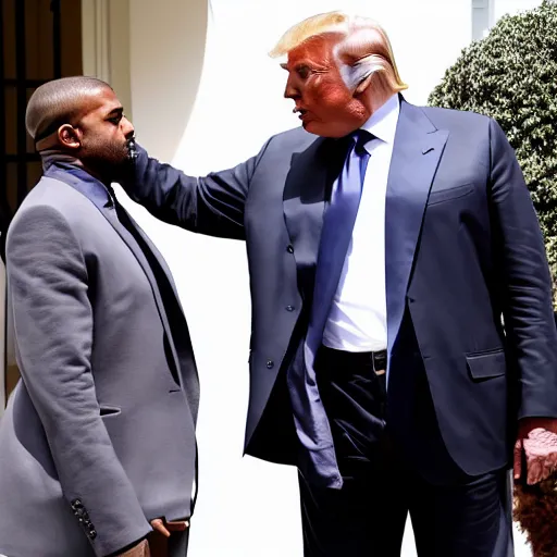 Image similar to kanye west giving donald trump a big bear hug in front of the white house while kanye smells trumps hair