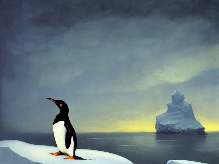 Image similar to an oil painting of a penguin playing in pure white snow on an iceberg in a serene ocean at dusk. aurora. by tuomas korpi moebius and carl spitzweg. baroque elements. intricate artwork by caravaggio. oil painting. oil on canvas. award winning. dramatic. trending on artstation. 8 k