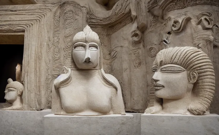Prompt: marble sculpture of masked dune dynasty on the art deco streets of the undying empire city of ya - sattra during the festival of masks inside a museum hd 4 k photorealistic atmospheric light