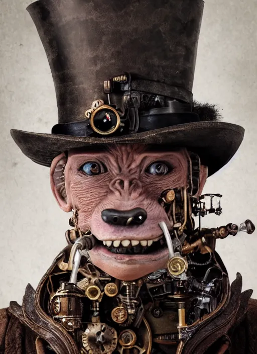 Prompt: closeup portrait of a steampunk medieval goblin wearing a top hat, depth of field, zeiss lens, detailed, symmetrical, centered, fashion photoshoot, by Annie Leibovitz and Steve McCurry, David Lazar, Jimmy Nelsson, Breathtaking, 8k resolution, extremely detailed, beautiful, establishing shot, artistic, hyperrealistic, beautiful face, octane render