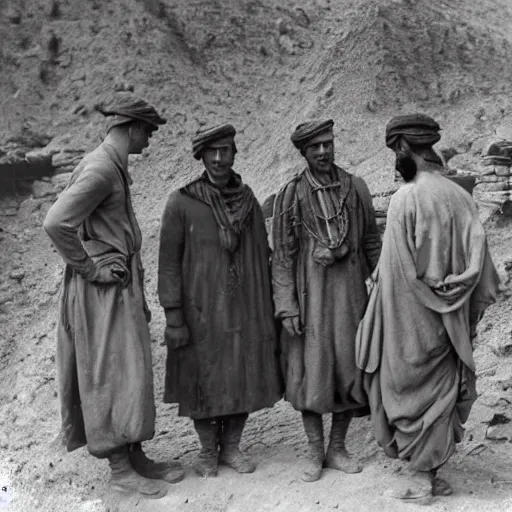 Prompt: ultra detailed photorealistic sepia - toned photo from 1 9 1 7, three clean - shaven british soldiers standing with two bedouin traders in traditional arab garb, at an archaeological dig site, ultra realistic, painted, intricate details, lovecraft, atmospheric, dark, horror, brooding, highly detailed, by clyde caldwell