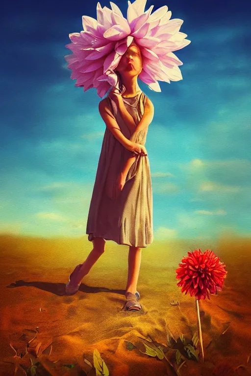 Image similar to closeup girl with huge dahlia flower head, on beach, surreal photography, blue sky, sunrise, dramatic light, impressionist painting, digital painting, artstation, simon stalenhag