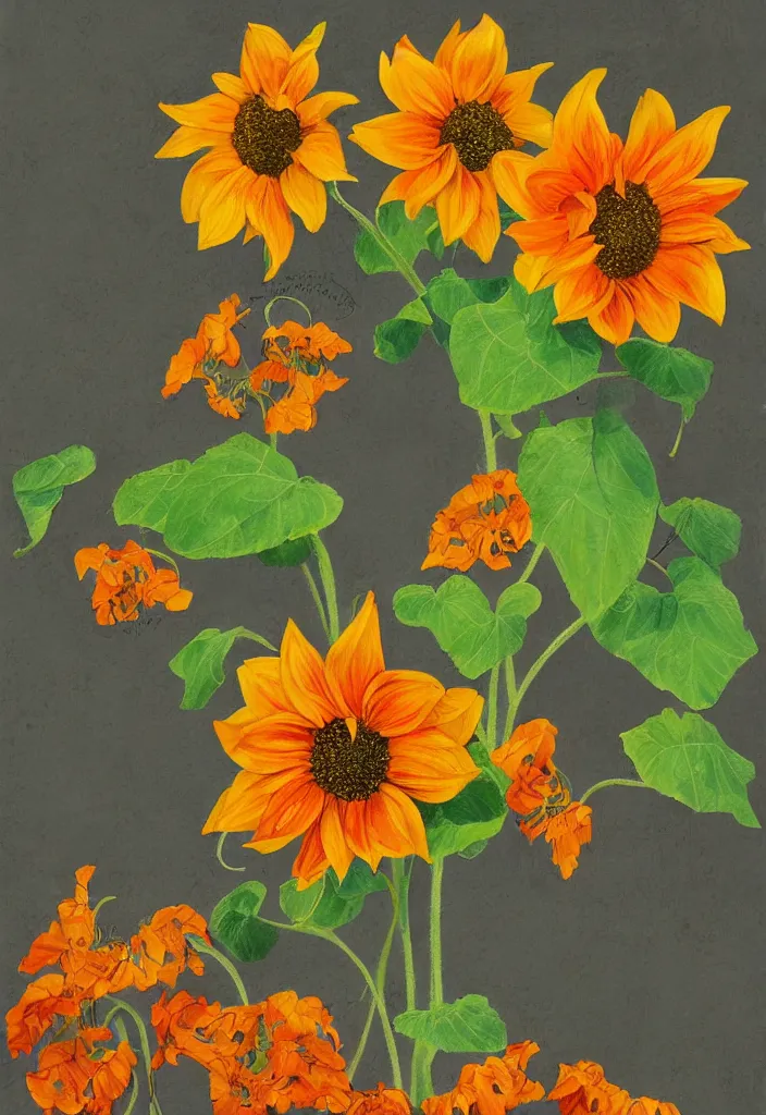 Prompt: contest winner, fine - artwork about sunflower and nasturtiums