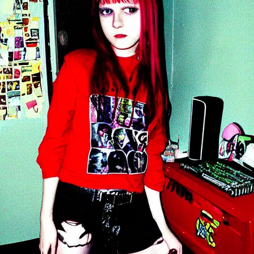 Image similar to 2 0 0 4 photograph, edgy 1 7 - year - old girl in her room, 2 0 0 4, y 2 k fashion, punk girl, mallcore girl