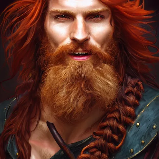 Prompt: portrait of a young ruggedly handsome but joyful pirate, male, masculine, upper body, red hair, long hair, d & d, fantasy, easy go happy personality, intricate, elegant, highly detailed, digital painting, artstation, concept art, matte, sharp focus, illustration, art by artgerm and greg rutkowski and alphonse mucha