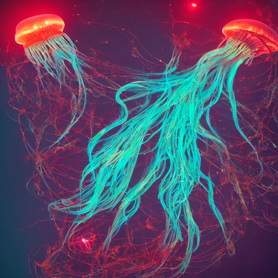 Image similar to a beautiful exquisite hyper detailed rendering of a bioluminescent jellyfish with flowing tendrils, vivid deep colors, scifi, realistic, octane render, vray render,