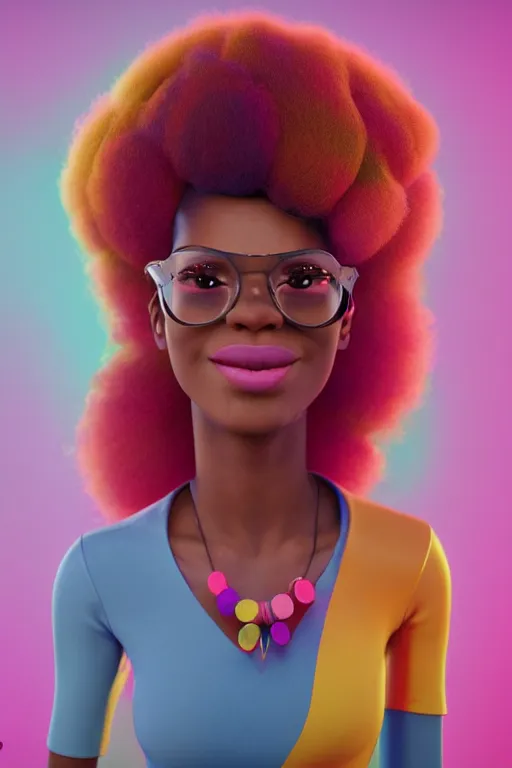 Image similar to a centered caricature render of a cute cool afro disco girl from the seventies, by dreamworks, by pixar, by viktoria gavrilenko, by leticia gillett, by lois van baarle, perfect face, 3 d, 8 k