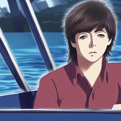 Image similar to anime illustration of young Paul McCartney from the Beatles, wearing a blue and white check shirt and watch, relaxing on a yacht at sea, screenshot from Your Name (2016)