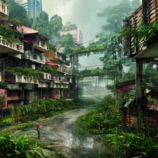 Prompt: Kowloon walled city overgrown with lush vegetation rendered in Lumion Pro, Autodesk Solidowkrs Visualize, Maya, and Cinema 4D by Iwan Baan, Greg Rutkowski, Ted Gore, Dustin Lefevre, and Jaya Su Berg, trending on artstation, cgsocciety r/art