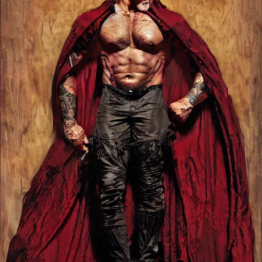 Image similar to full length portrait of dave bautista as vampire wearing a cape, by lawrence alma tadema and rick berry and norman rockwell and jason fabok and everett raymond kinstler h 7 6 8