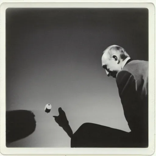 Image similar to Vladimir putin looking at an atomic bomb. polaroid. bleak.