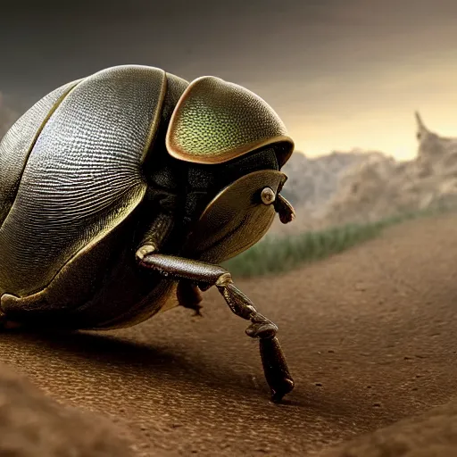 Prompt: a dung beetle pushing the earth up a hill, ultra realistic, concept art, intricate details, highly detailed, photorealistic, octane render, 8 k, unreal engine. art by boris vallejo