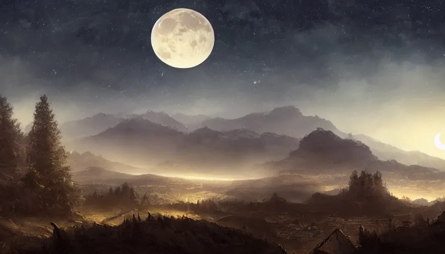 Image similar to a beautiful landscape at night, big moon on the right, stars in the sky, matte painting, dark blue tones, high contrast, intricate details, concept art, 4 k