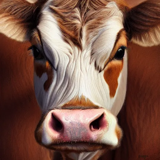 Image similar to digital painting of a guernsey cow by filipe pagliuso and justin gerard, symmetric, fantasy, highly, detailed, realistic, intricate