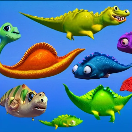 Image similar to aquatic baby fish dinosaurs rendered by pixar