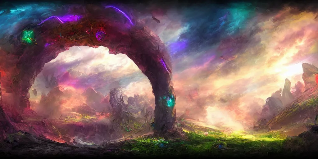 Image similar to colorful portal to another realm, apocalyptic fantasy, mmo, digital art, 4 k