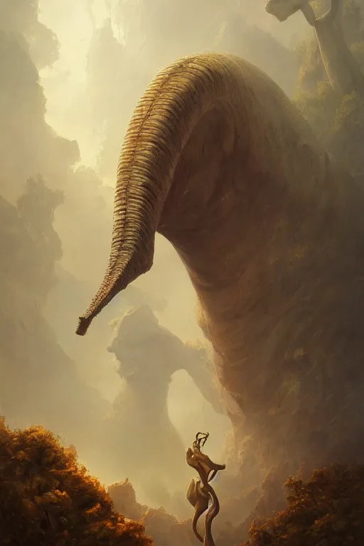 Prompt: portrait of brontosaurus by Peter Mohrbacher and Peter Gric, volumetric lighting, good composition, trending on artstation, polarizer filter, in the golden hour