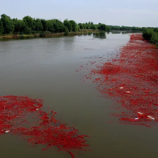 Prompt: odra river filled with blood and bodies of dead fauna in decay, high quality, informative press report photo 1 / 8 f