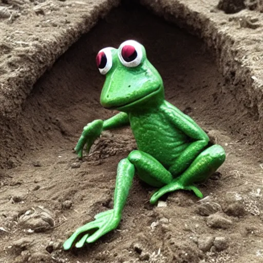 Prompt: kermet the frog in a trench in ww 2