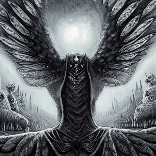 Image similar to A centered chest up portrait of a psychedelic godlike mothman with giant mandala wings smoking a hand-rolled cigarette smoking heavily , magic mushroom village in background , award winning. superb resolution. in the art style of junji Ito and greg rutkowski . Detailed Mushroom city in background. Hyper realistic anime. Perfect art. Dalle2