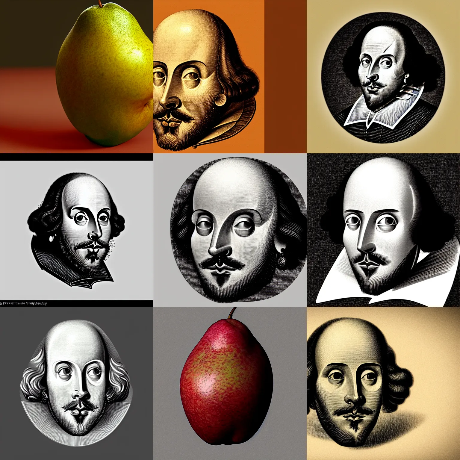 Prompt: face of william shakespeare engraved on a pear fruit, octane render, 4 k, deviantart