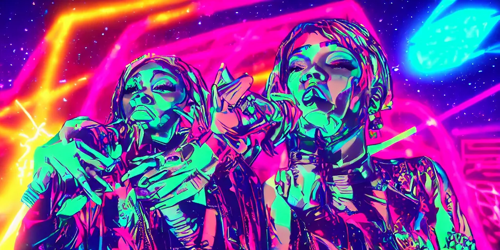 Image similar to female rappers performing on stage with laser light show, digital art, vapor wave, hip hop, psychedelic, trending on Artstation, professional artist, detailed, 4k