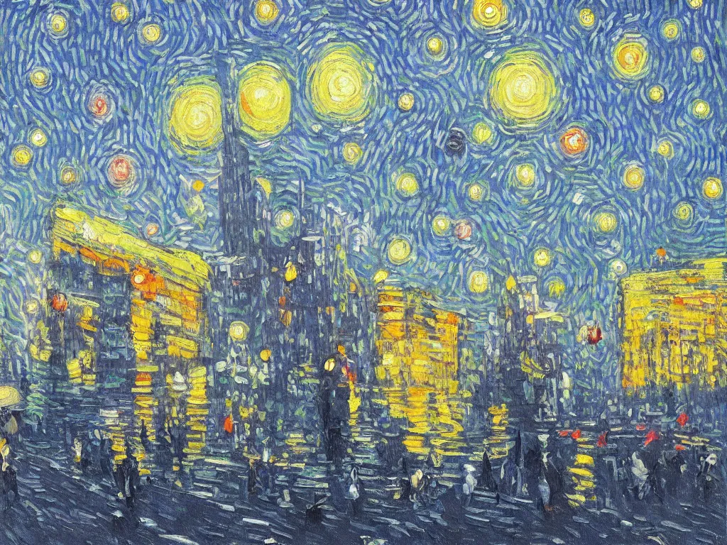 Prompt: bright beautiful oil painting of flying saucers invade new york city in 2 0 1 9, light scatter, van gogh