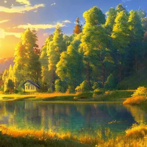 Prompt: a masterpiece detailed beautiful landscape of russian village, trees, lake, mountains, golden hour, sunset, by Makoto Shinkai and Ivan Shishkin