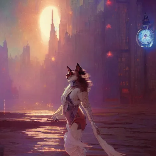 Prompt: Concept art, beautiful painting of a cat, shining its light among stars, wandering around a metropolis city, 8k, alphonse mucha, james gurney, greg rutkowski, john howe, artstation