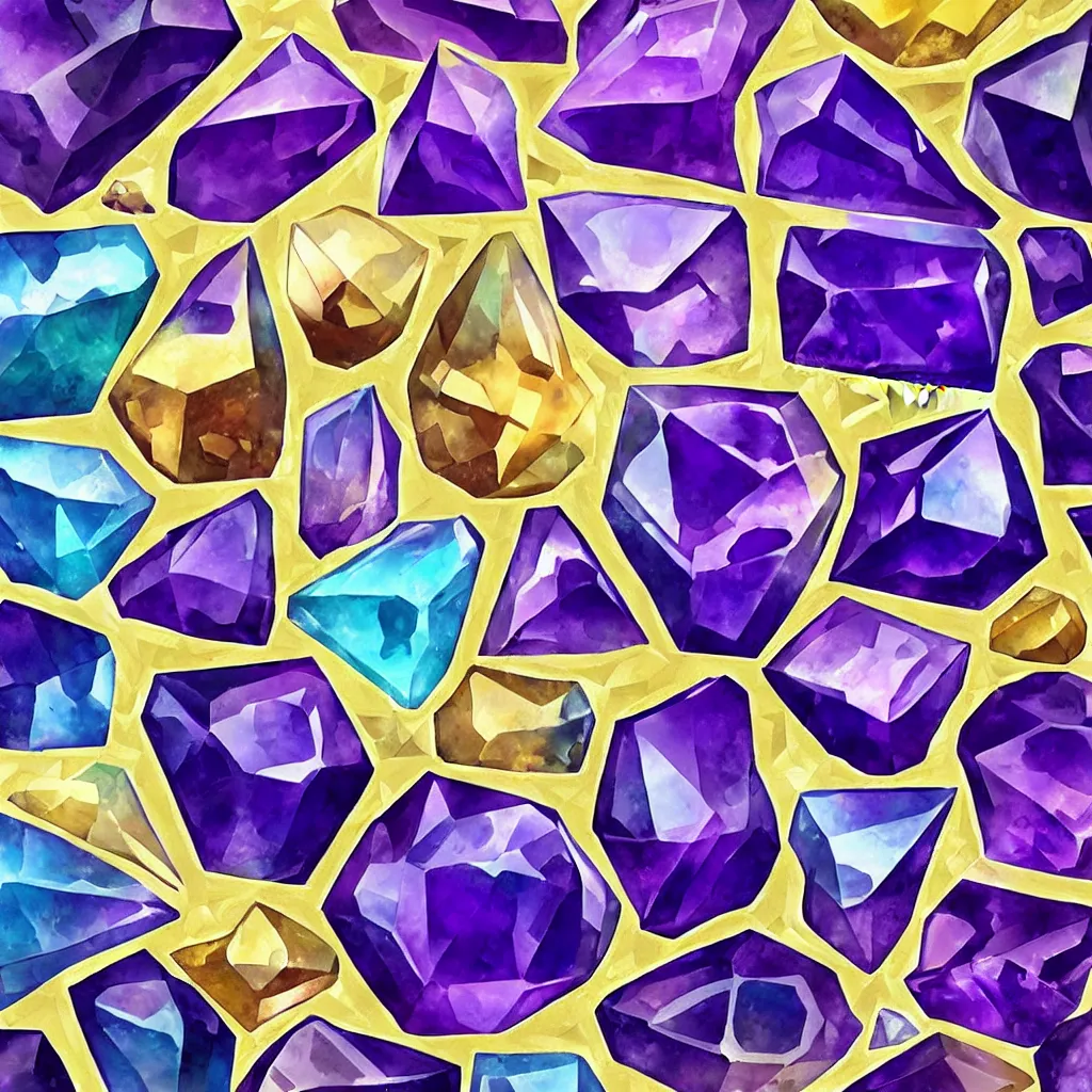 Prompt: amethyst geo gemstone prism multicolor gold liquid emeraud pearl quartz saphir grenat fluorite stylized digital illustration video game icon