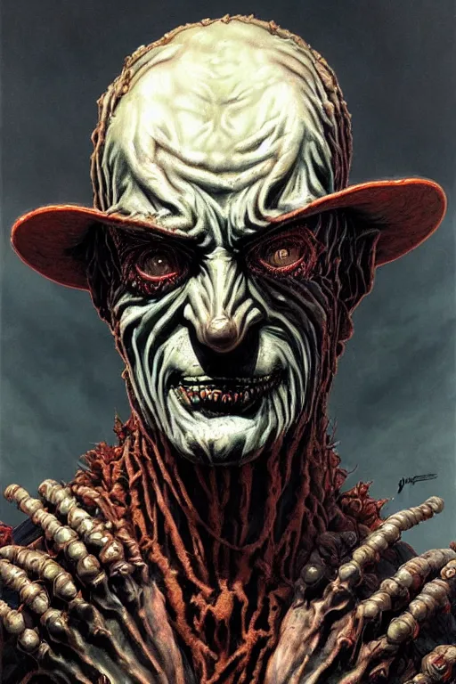 Image similar to portrait of freddy krueger in the style of wayne barlowe, gustav moreau, peter mohrbacher, bussiere, roberto ferri, santiago caruso, luis ricardo falero, frazetta