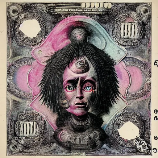 Prompt: abstract post - punk new age album cover, asymmetrical design, dollar bank notes, capitalism, magic, apocalypse, psychedelic, black white pink, highly detailed, magic, giger h. r., abstract giuseppe arcimboldo