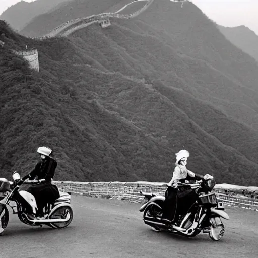 Prompt: a historical black and white photograph of two girls on a Harley Davidson motorbike driving fast over the Great Wall of China