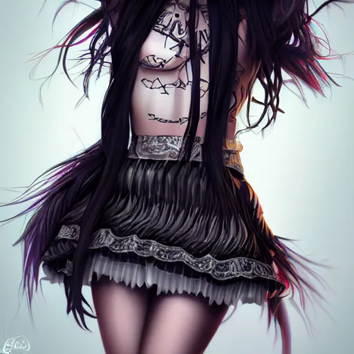 Image similar to kerli koiv animel goth girl in mini skirt and crop top intricate, extremely detailed, artstation, 8 k, sensual lighting, incredible art, wlop, artgerm