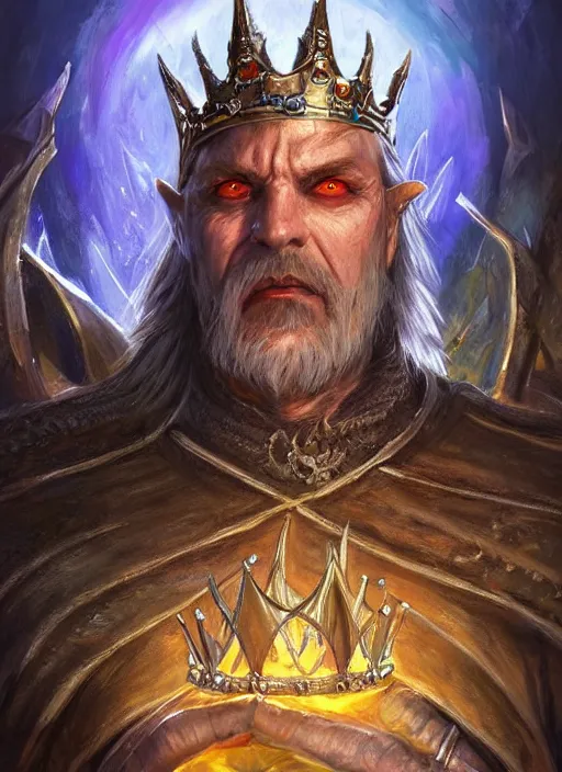 Image similar to evil king wearing diamong crown, ultra detailed fantasy, dndbeyond, bright, colourful, realistic, dnd character portrait, full body, pathfinder, pinterest, art by ralph horsley, dnd, rpg, lotr game design fanart by concept art, behance hd, artstation, deviantart, hdr render in unreal engine 5