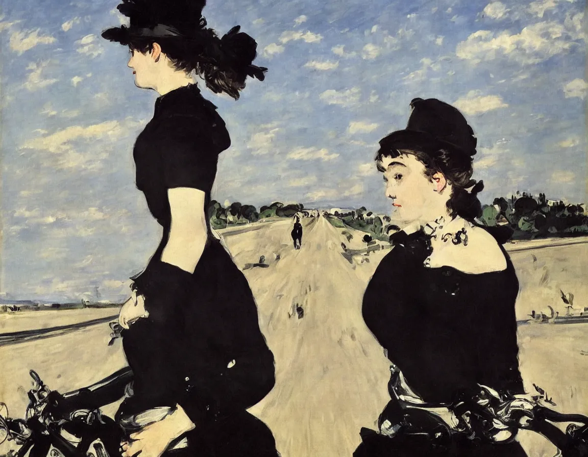 Image similar to edouard manet. a wide portrait of a marie from the side all dressed in black on a motorcycle on a highway looking over her shoulder towards us. blue sky. there is another motorcycle blurred in the background. precise thin brush strokes. expressive. emotional. modern.