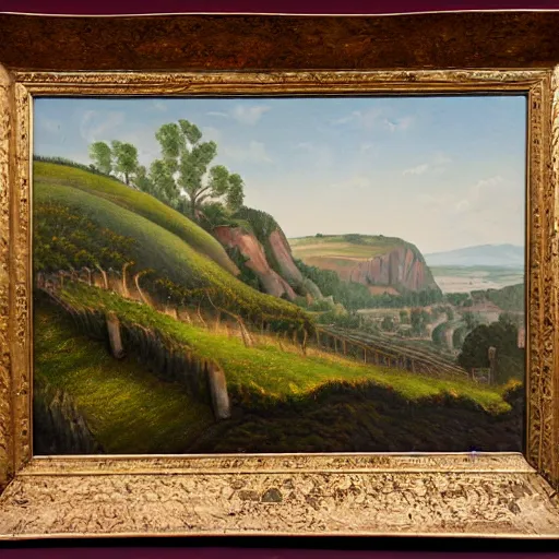 Image similar to highly detailed painting of a cliff side, at the bottom is a vineyard, in the distance you can see an ancient army with flags on the move, thick brush strokes, visible paint layers.