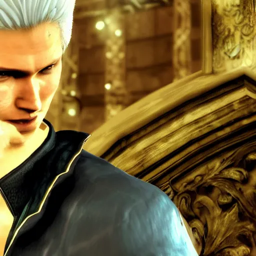 Prompt: Vergil, son of Sparda, beautiful, game screenshot, detailed face, aesthetic, realistic, soft lights