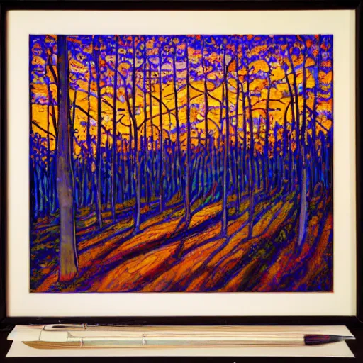 Prompt: a forest of hardwood trees with long shadows during sunset, art by erin hanson, oil painting, muted colors