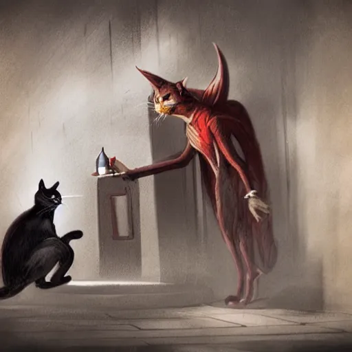 Image similar to concept art, devil offers money to a cat, high quality, detailed, eerie atmospher