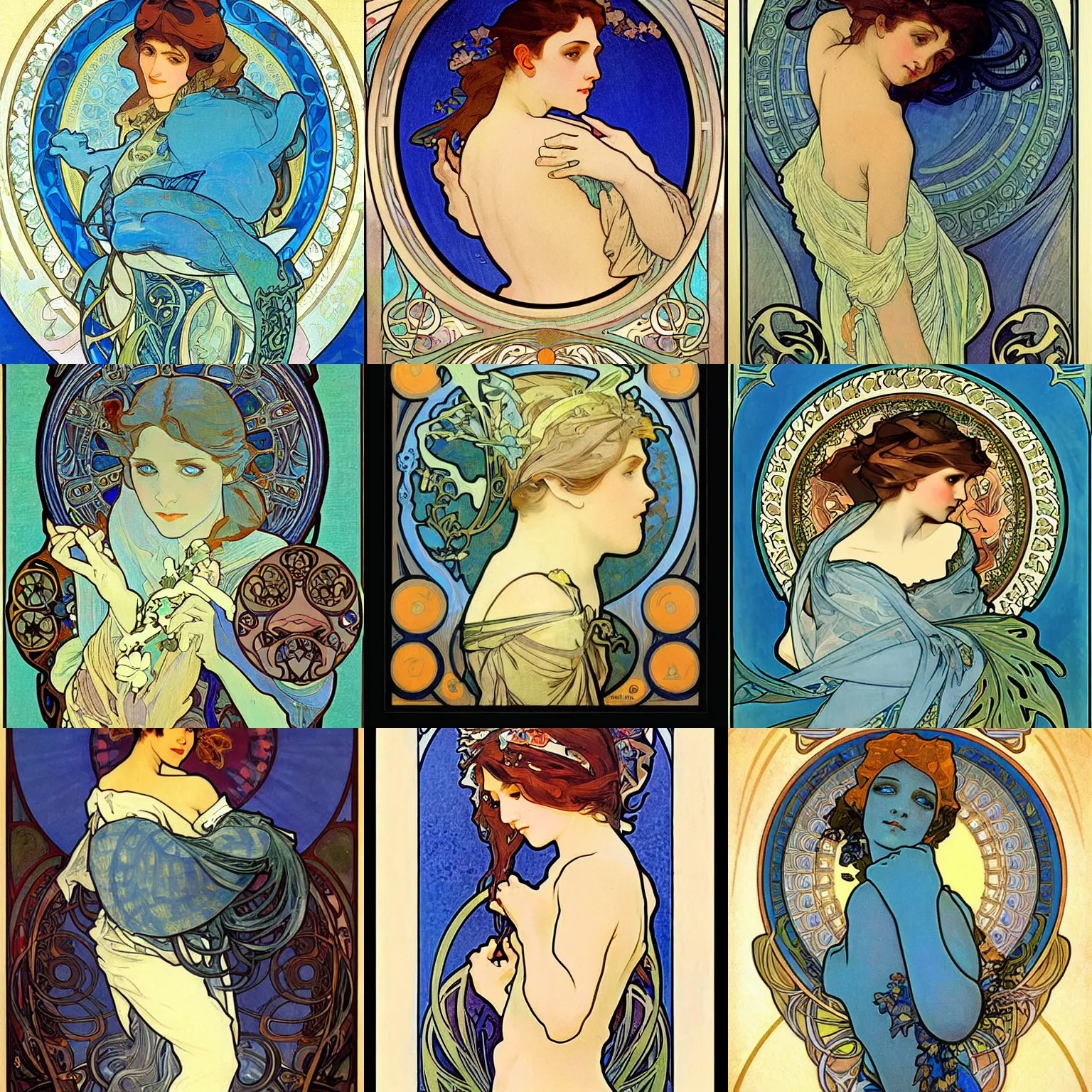 Prompt: beautiful art nouveau painting of a blue turtle by alphonse mucha, masterpiece
